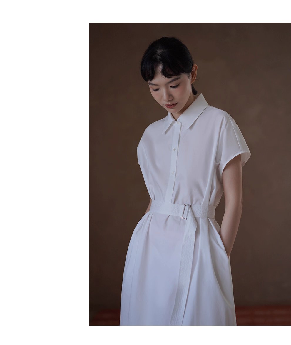浮生一日清冷通勤洋裝寬鬆顯瘦腰帶半門襟長襯衫裙