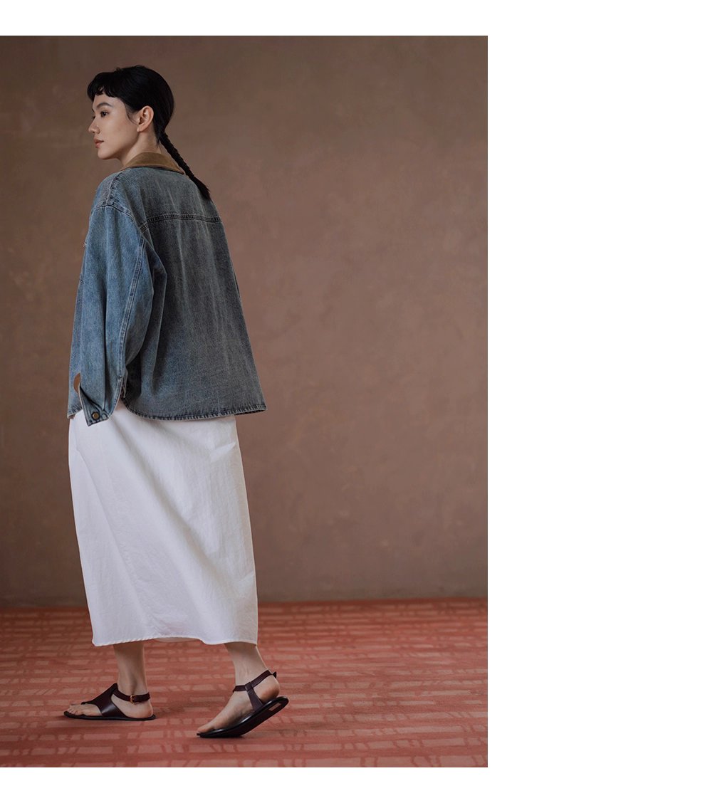 復古風潮做舊水洗燈芯絨拼接翻領牛仔襯衫寬鬆顯瘦外套