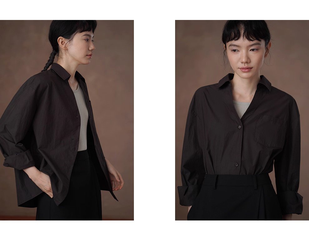 知識分子高智感襯衫濃鬱古巴咖寬鬆顯瘦V領廓形通勤上衣