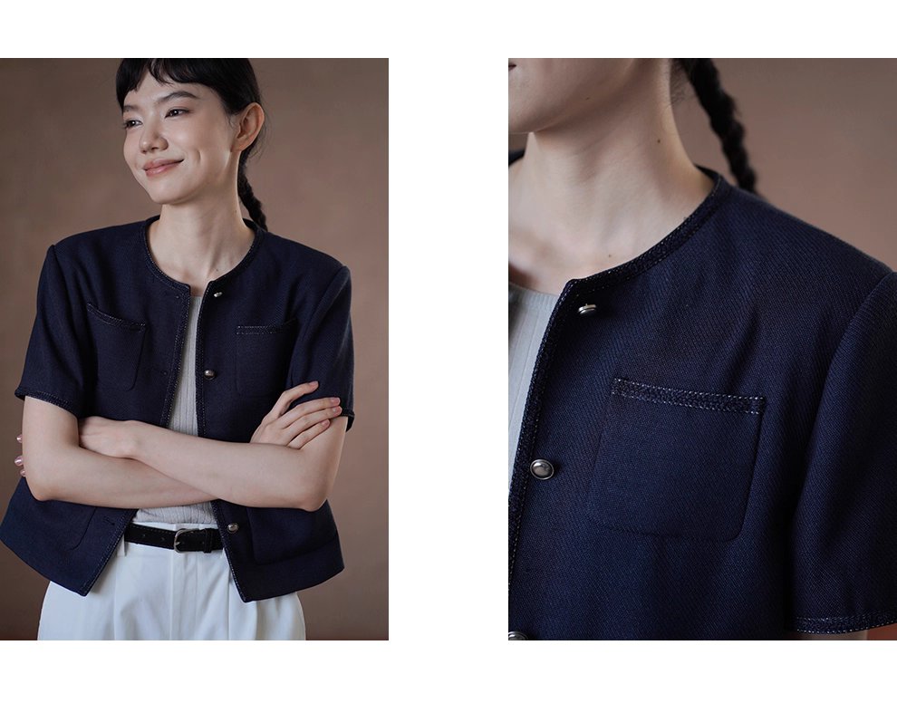 法式花邊拼接肌理感短袖小香氣質圓領通勤顯瘦短外套