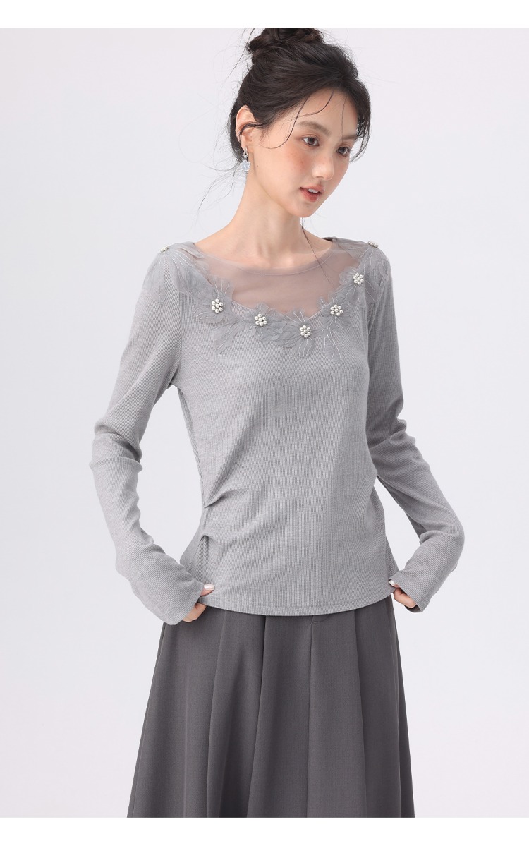 大尺碼女裝正肩長袖t恤穿搭微胖蕾絲花朵上衣