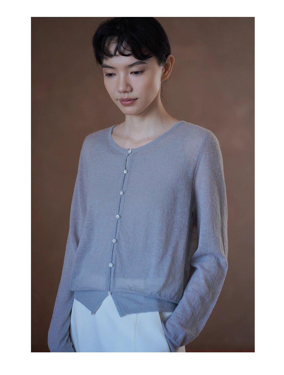 淡香薰衣草針織軟糯細膩綿羊羊駝毛混紡紗線薄款開襟衫