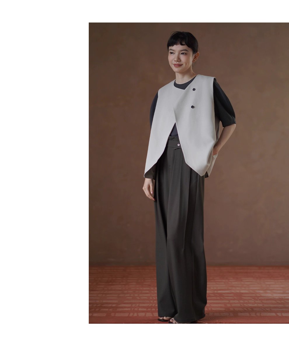 高品質色紡西裝布料可調式腰帶寬鬆垂順顯瘦闊腿長褲女