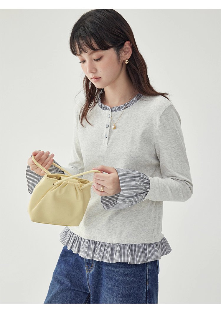 撞色拼接襯衫喇叭袖t卹女秋季新款寬鬆長袖上衣