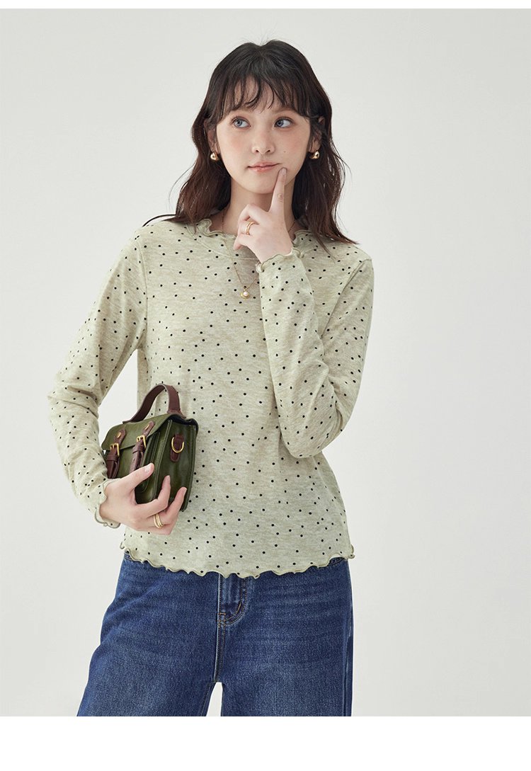 韓系密邊領波點長袖T恤女秋季新款內搭寬鬆上衣