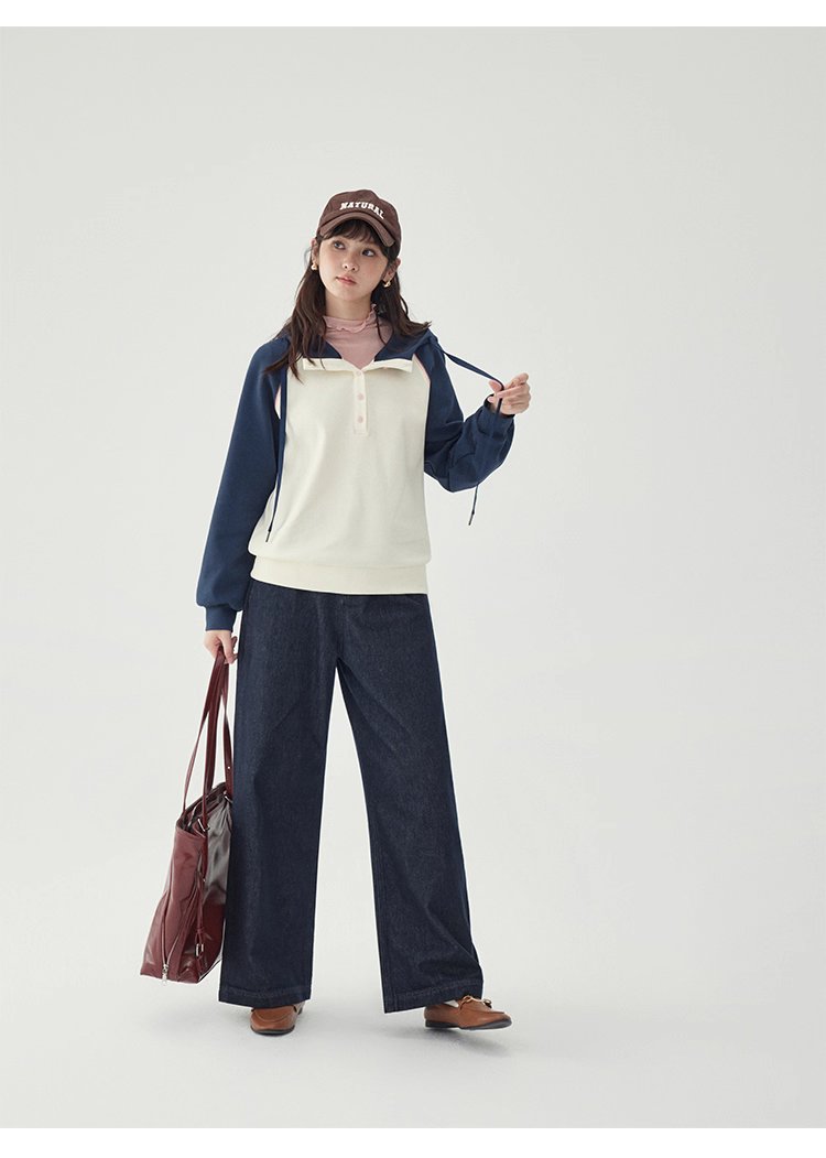 撞色插肩長袖連帽衛衣T恤女25秋季新款減齡上衣