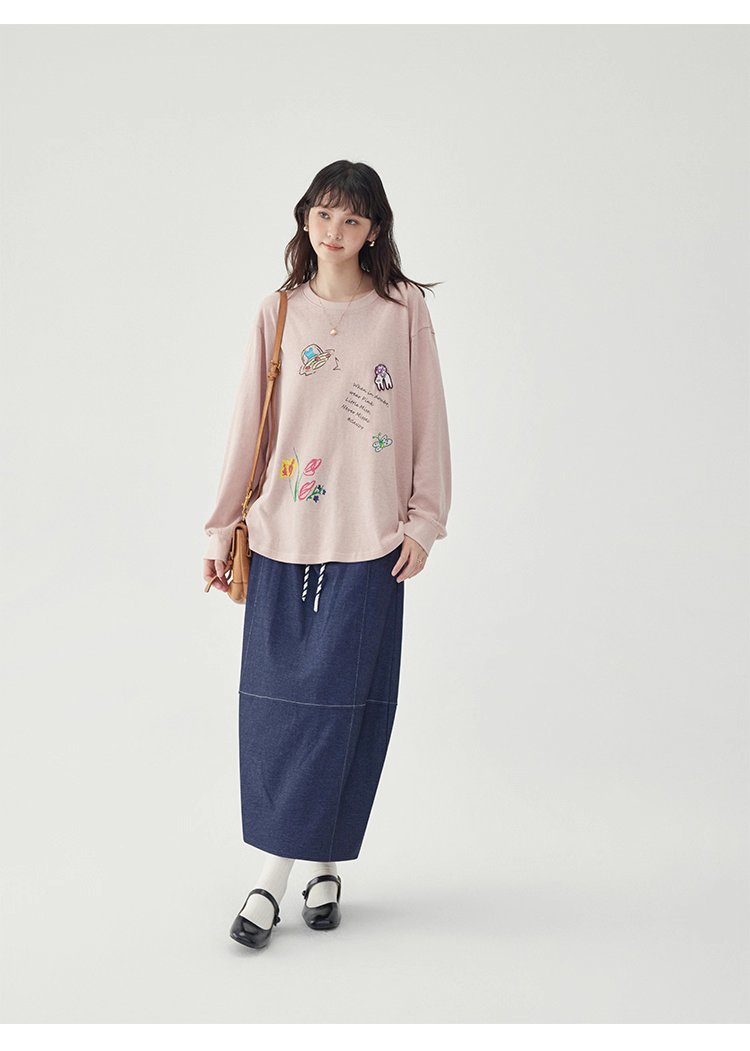 減齡印花落肩長袖粉紅T恤女秋新款寬鬆百搭上衣