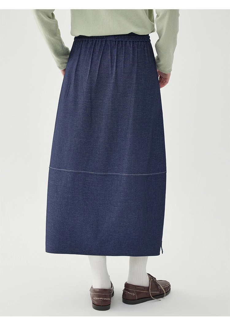 藍色鬆緊腰a字半身裙女秋季新款百搭抽繩中長裙