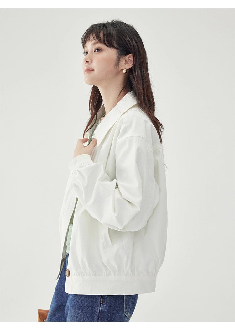 白色單排扣polo領長袖外套女25秋季新款寬鬆上衣