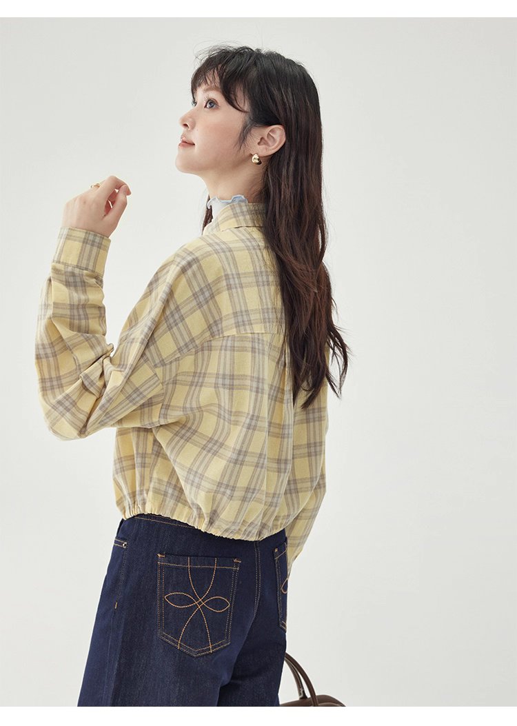 黃格單排扣抽繩下擺襯衫女秋季新款純棉長袖上衣