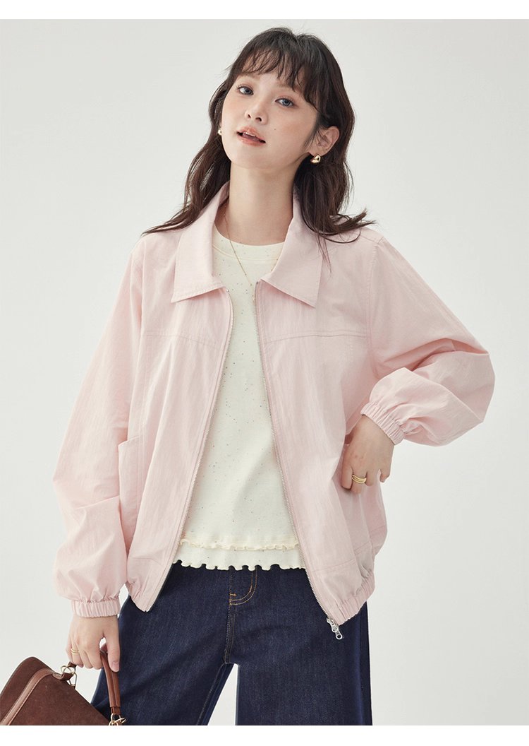 少女感粉紅拉鍊長袖外套女秋季新款翻領短版上衣