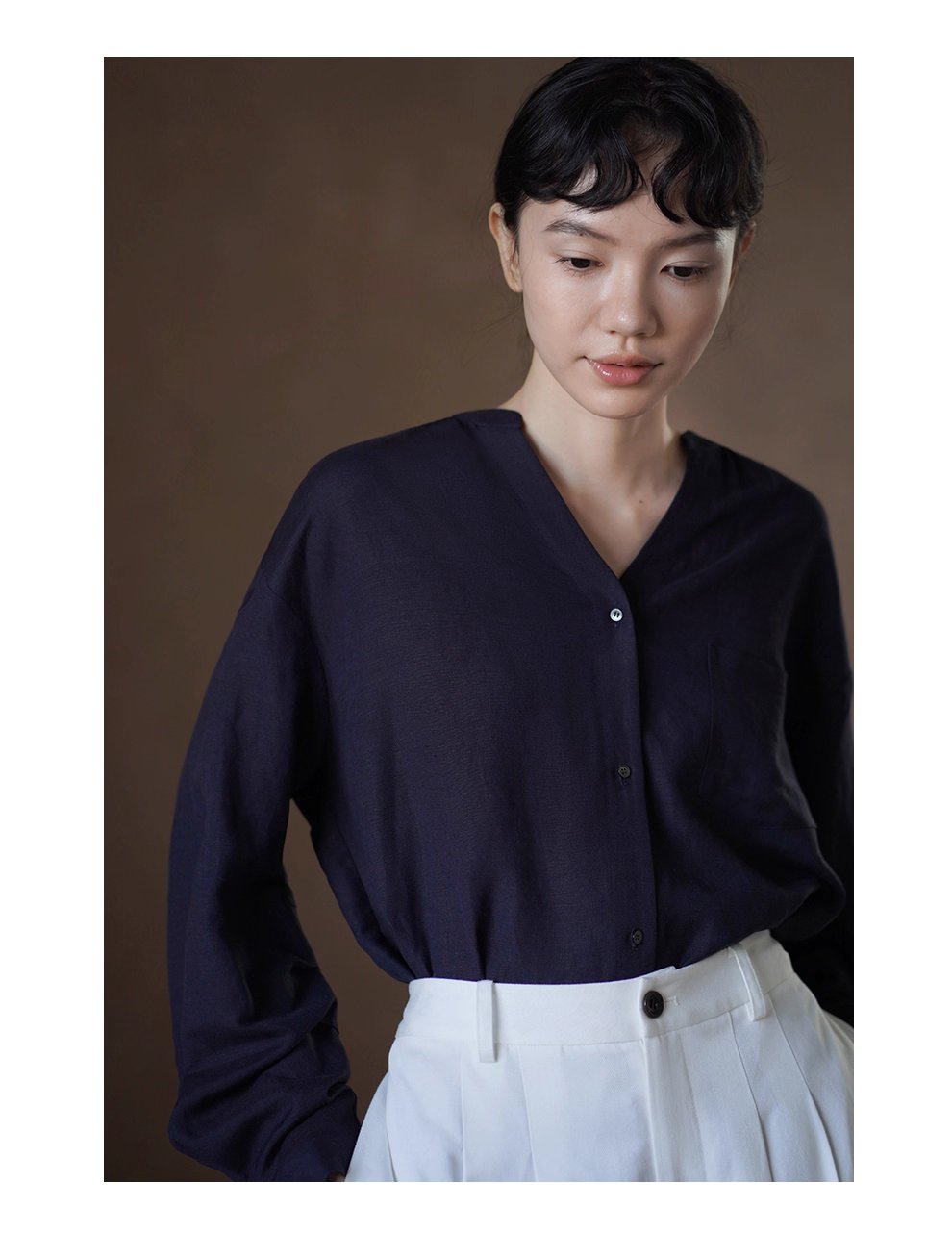 海上航線亞麻混紡透氣挺括質感V領寬鬆顯瘦通勤長袖襯衫
