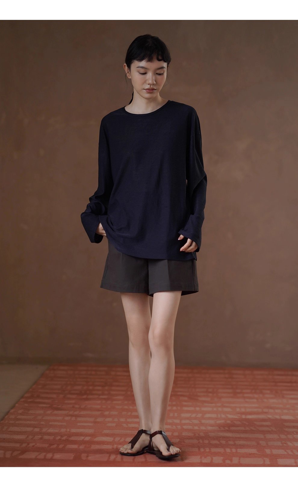 高品質桑蠶絲棉亞麻混紡竹節麻肌理感寬鬆顯瘦長袖T恤女