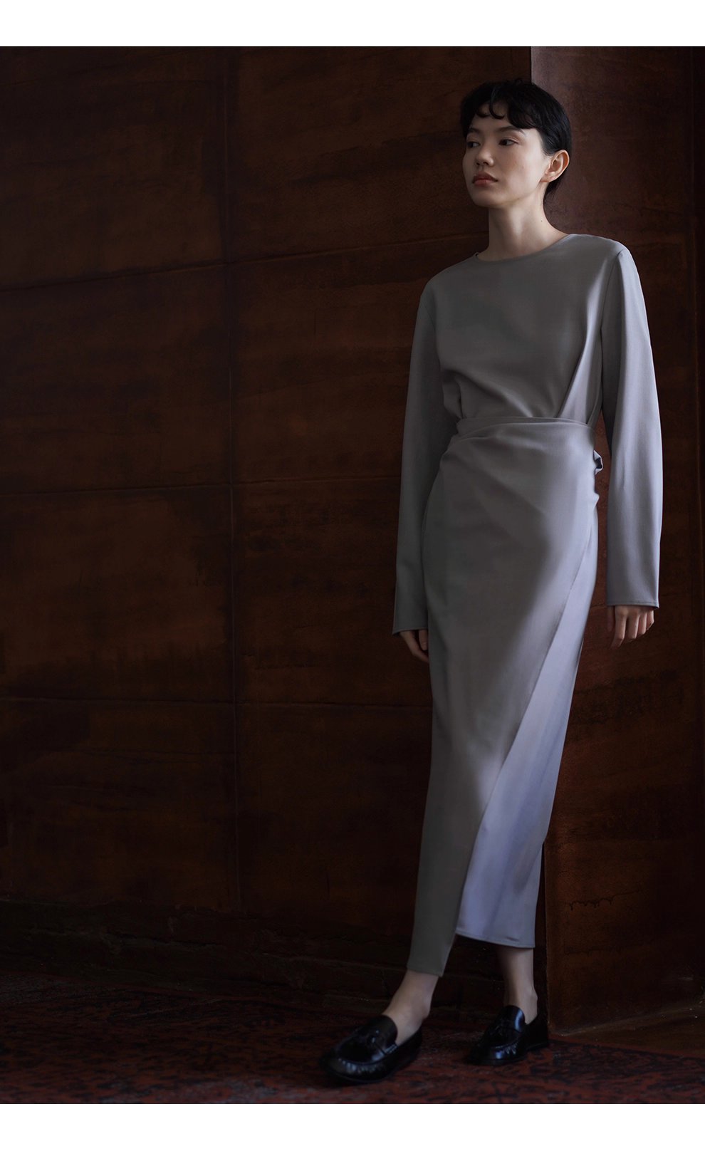 優雅認證高品質TR料簡約圍裹式綁帶收腰長顯瘦洋裝