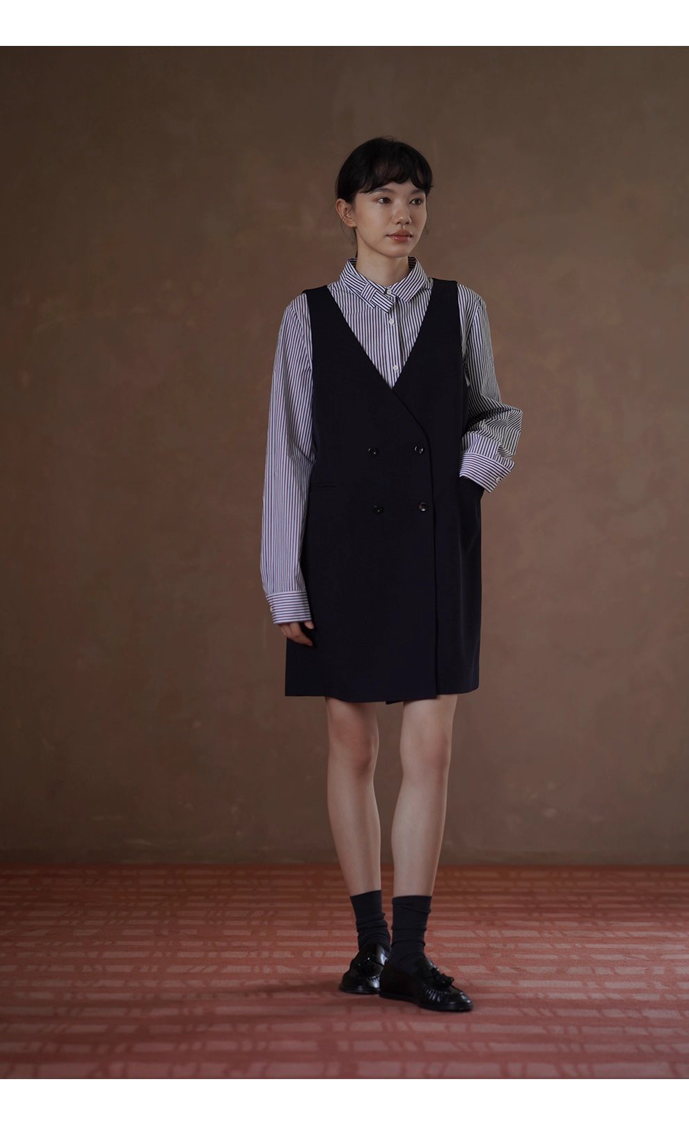 高品質100棉色織條紋法國經典寬鬆通勤可拆式蝴蝶結襯衫