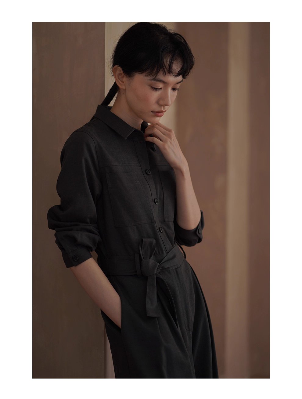 酷颯都市工裝寬鬆襯衫領闊腿顯瘦萊賽爾棉通勤連身褲