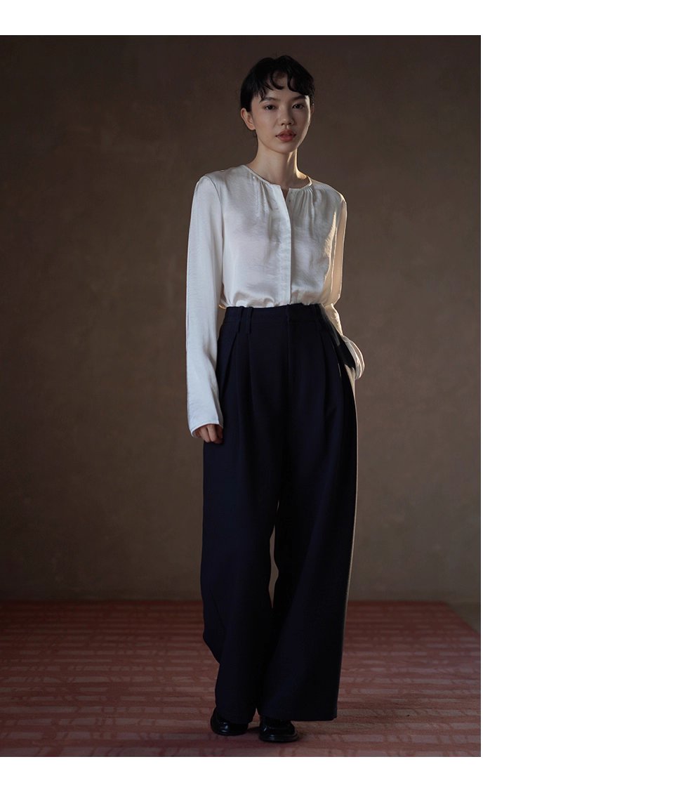 鬆弛顯瘦版型雙面織造斜紋西褲布料高腰闊腿通勤長褲女