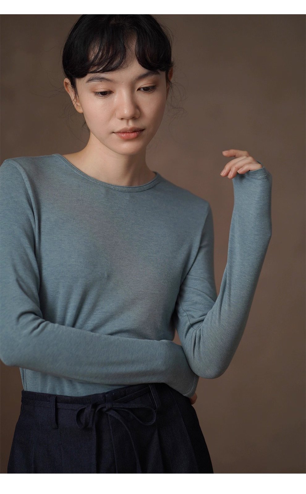 貼身保護舒適彈性軟糯親膚綿羊毛萊賽爾長袖圓領合身T恤