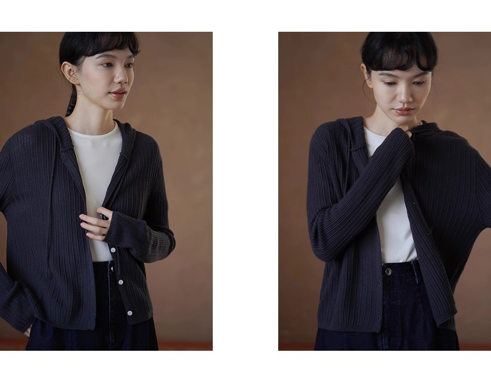 48支超細美利奴羊毛混紡顯瘦坑條織法寬鬆連帽針織開襟衫