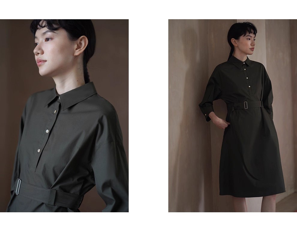 都會松柏水洗柔軟100棉隨性通勤寬鬆顯瘦腰帶襯衫洋裝