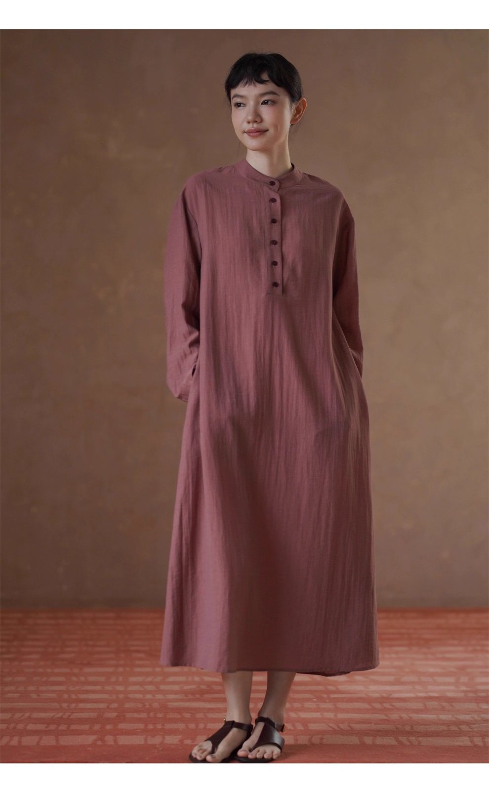 清雅芍藥顯白亞麻混紡透氣挺括顯瘦寬鬆立領襯衫洋裝