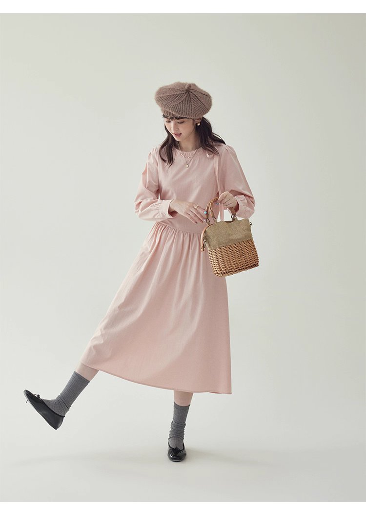 法式繫帶圓領粉紅洋裝女秋新款長袖a字中長裙