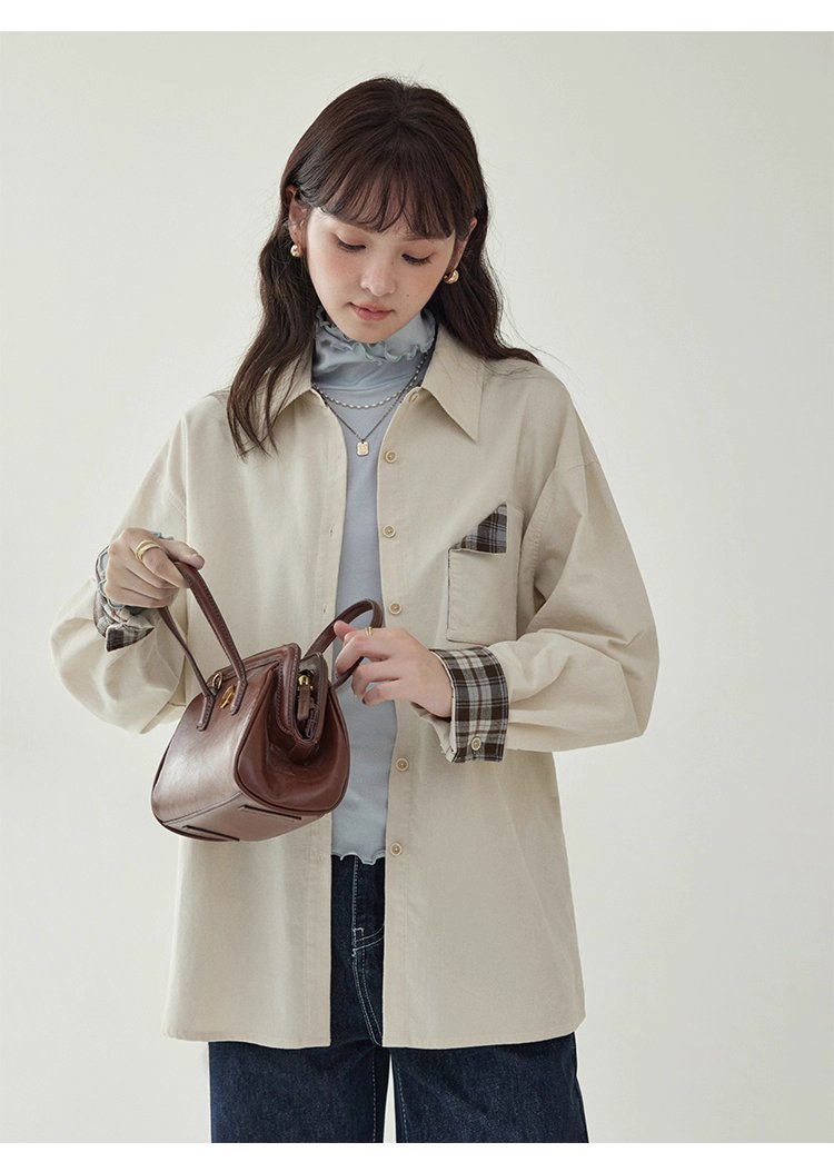 撞色格紋燈芯絨長袖襯衫女秋季新款翻領外套上衣