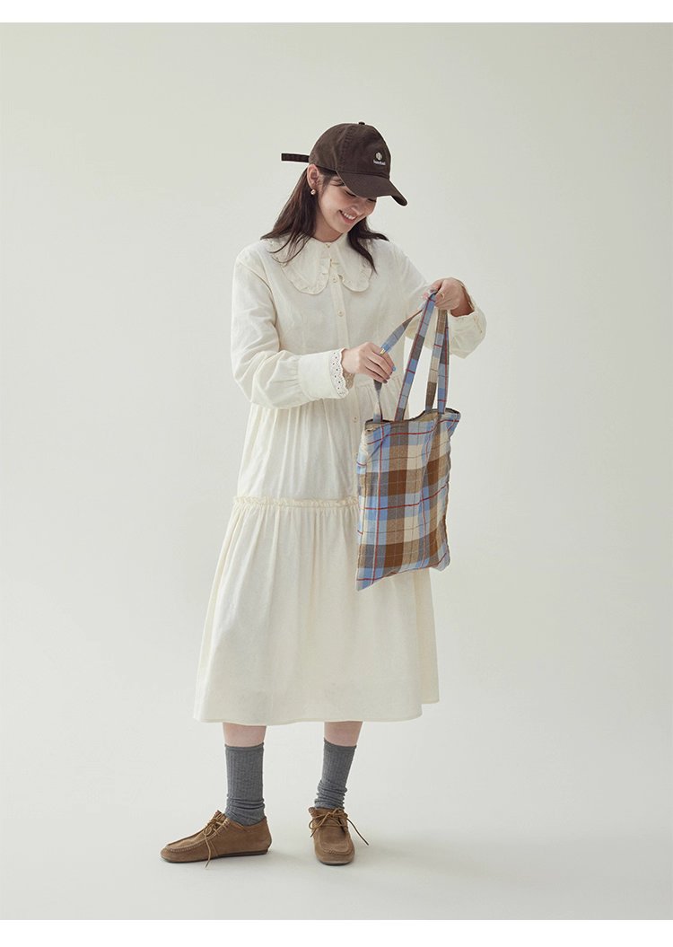 減齡純色花邊翻領洋裝女秋季新款中長娃娃裙