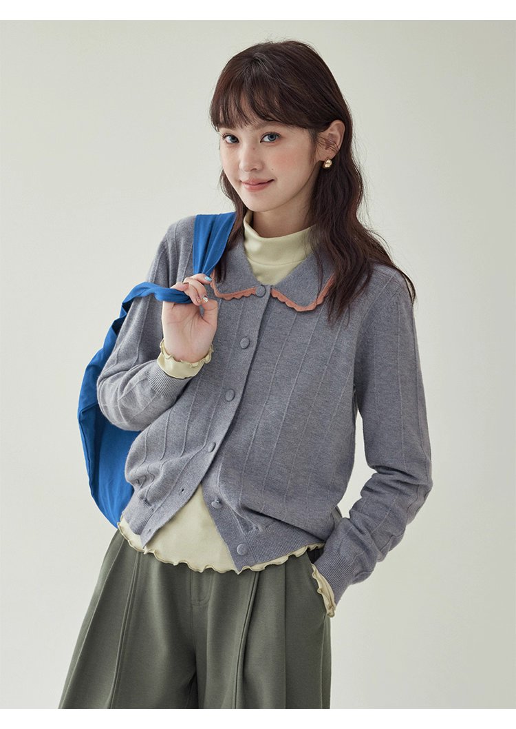 韓系撞色翻領針織開襟衫女秋季新款單排扣長袖上衣