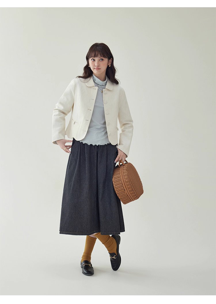 小香風純色單排扣短外套女秋新款波浪擺長袖上衣