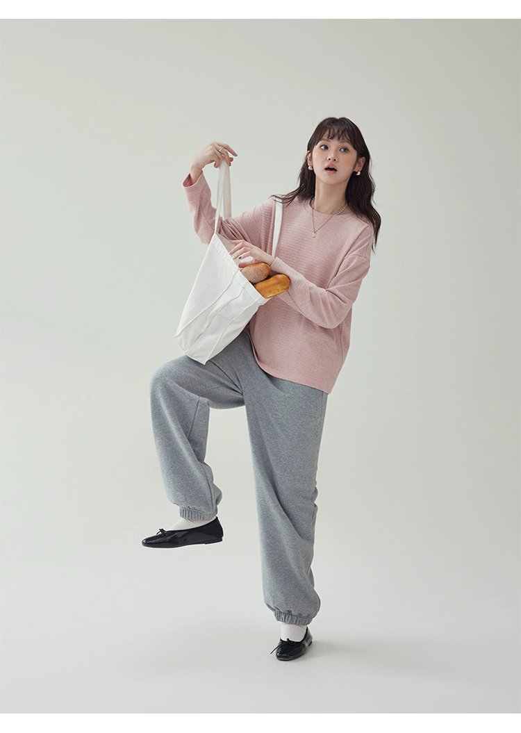 韓系藍線圓領長袖T恤女秋季新款簡約寬鬆上衣