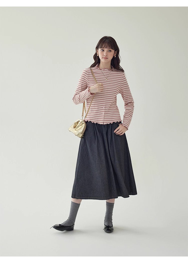 下擺扣條紋兩穿內搭T恤女秋新款花邊長袖上衣