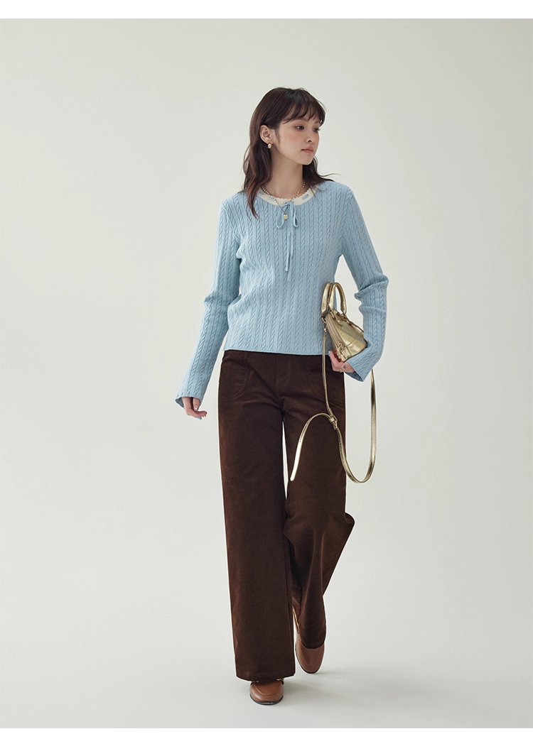 藍色綁帶圓領扭花針織衫女秋季新款百搭長袖上衣