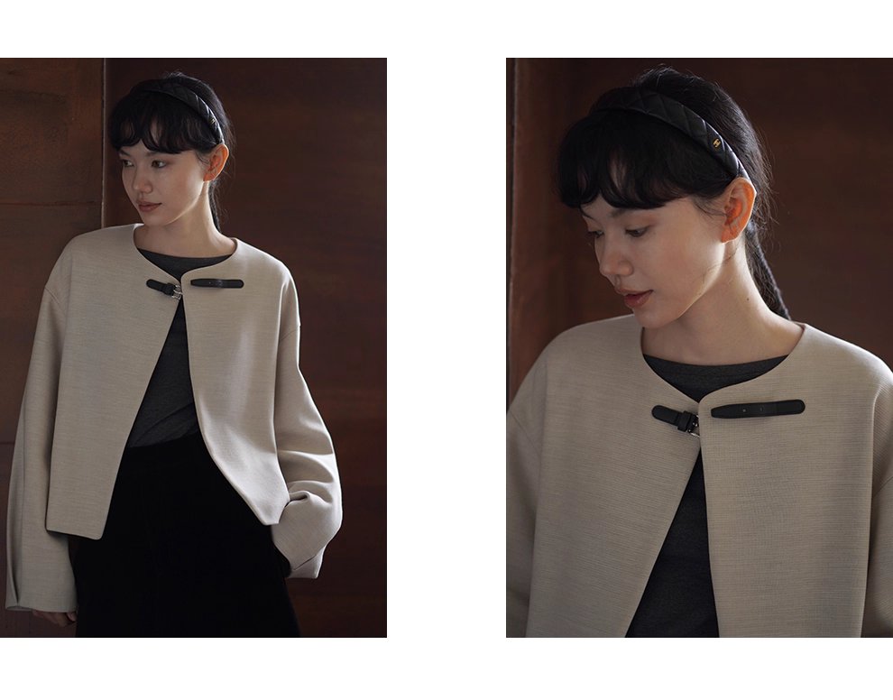 精巧皮袢系列羊毛精紡橫紋肌理感寬鬆圓領通勤西裝外套