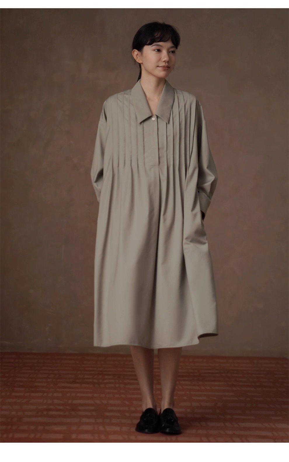 精準定壓塔克線門襟長翻領寬鬆H型顯瘦搭通勤襯衫洋裝
