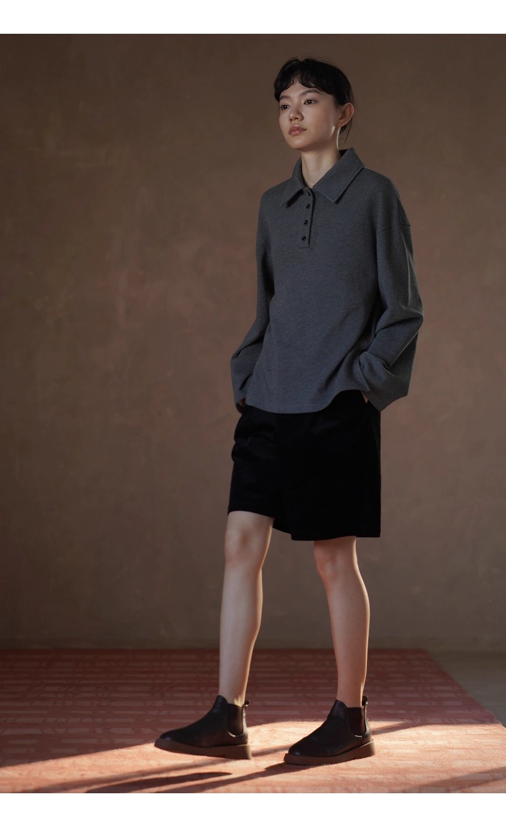 復古經典休閒碰撞Polo領寬鬆顯瘦100棉做舊花灰落肩衛衣