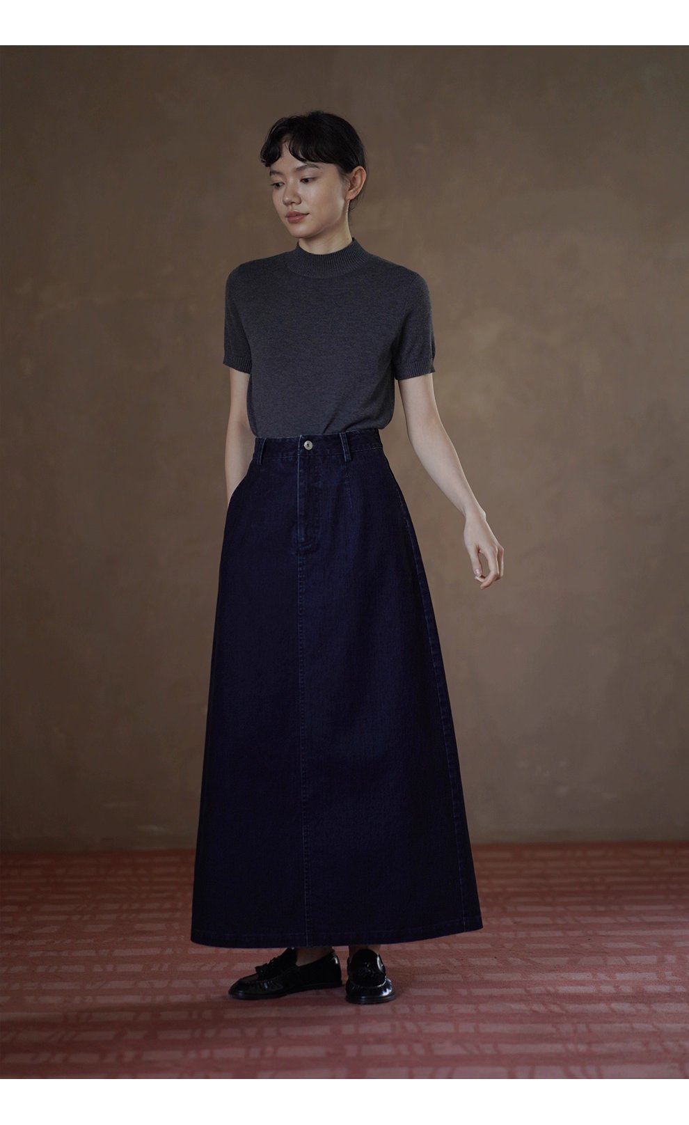 復古時髦做舊磨毛牛仔長款半身裙高腰微A寬鬆顯瘦裙子