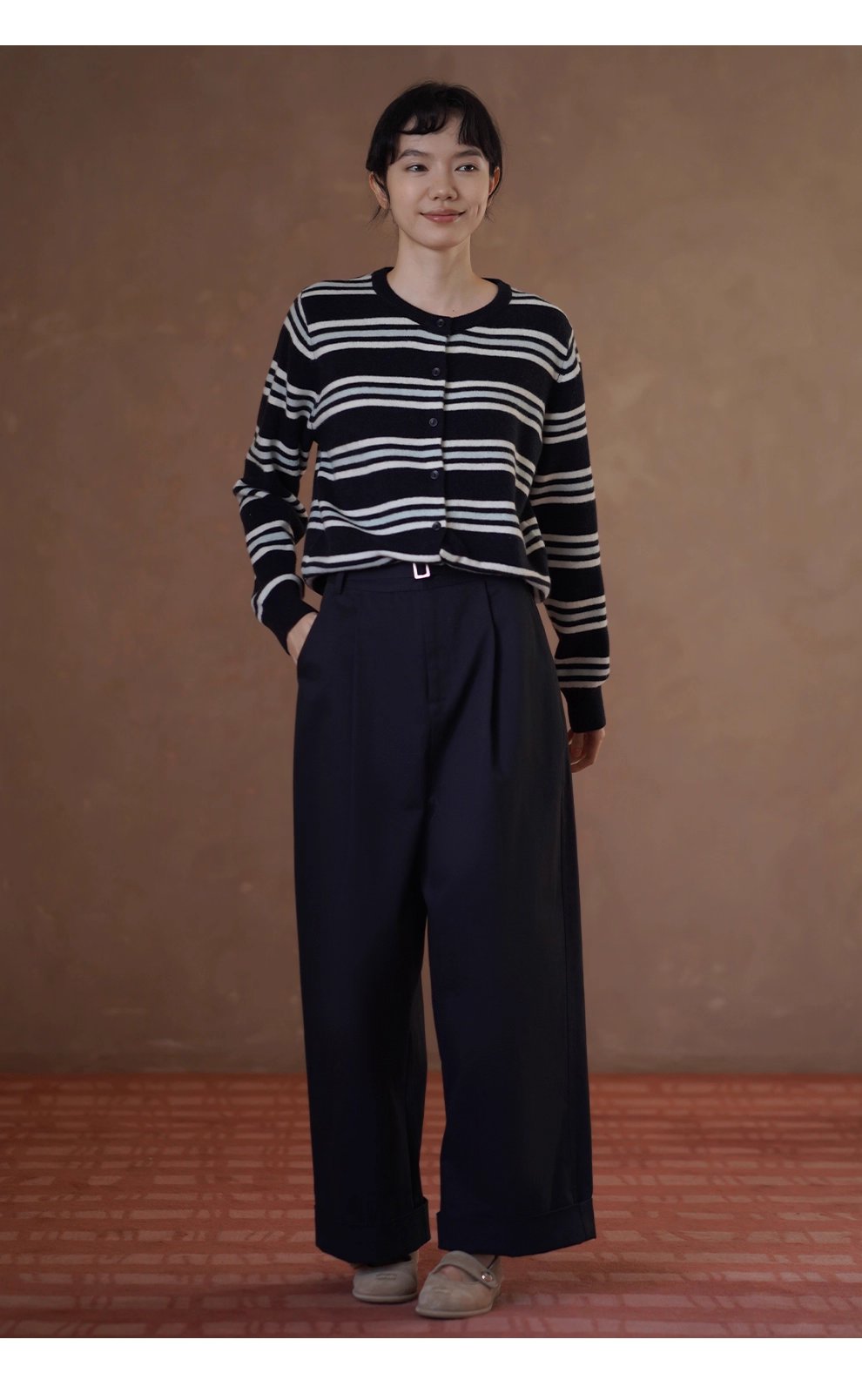 無可挑剔挺括棉感可調式腰帶直筒寬鬆闊腿顯瘦高腰長褲