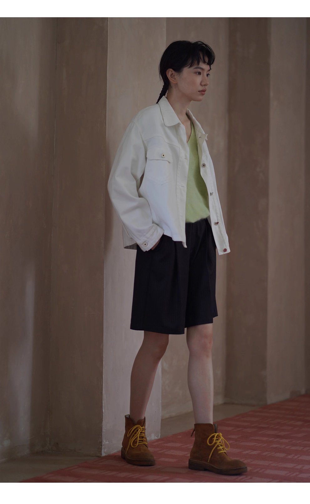 復古工裝立體口袋水洗100棉柔軟斜紋牛仔寬鬆翻領外套女