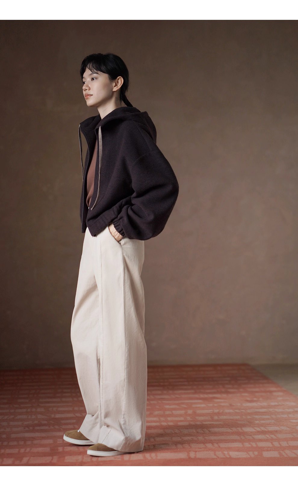 榛果咖濃鬱質感加厚綿羊毛混紡寬鬆短連帽衛衣外套女