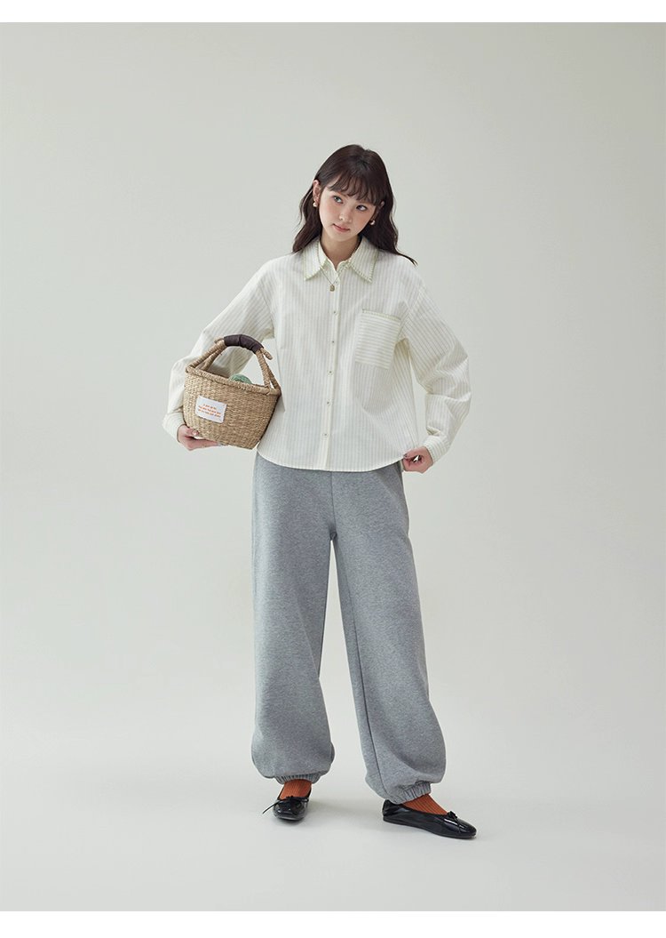 反線條單排扣長袖襯衫女秋季新款polo領寬鬆上衣