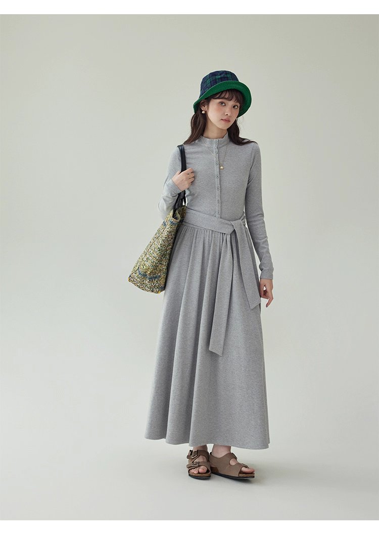 灰色修身高腰綁帶洋裝女秋新款長袖收腰T恤裙