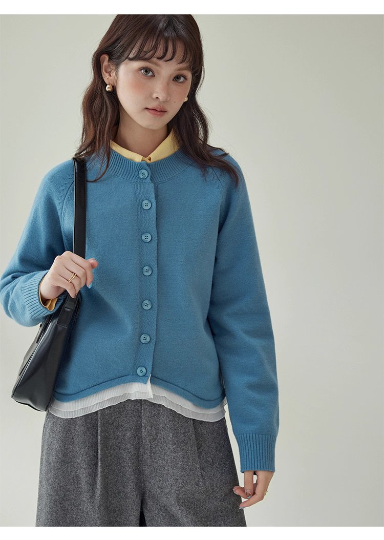 拼接蕾絲下擺藍色針織衫女秋季新款紐帶長袖上衣