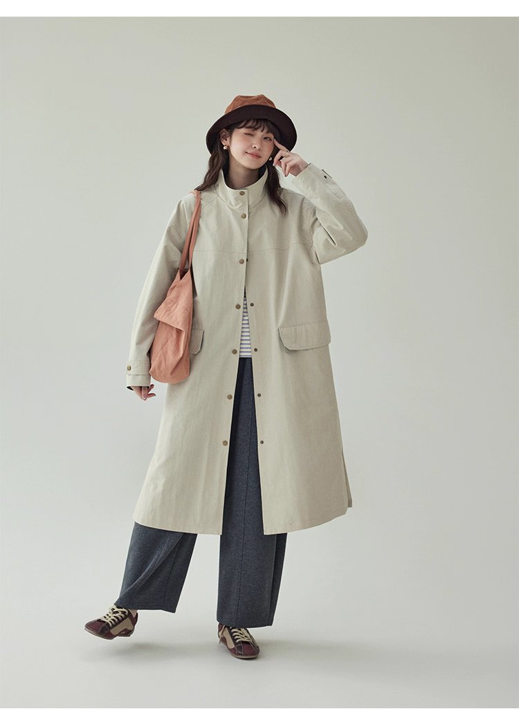 日系純色立領長風衣外套女秋新款寬鬆長袖上衣