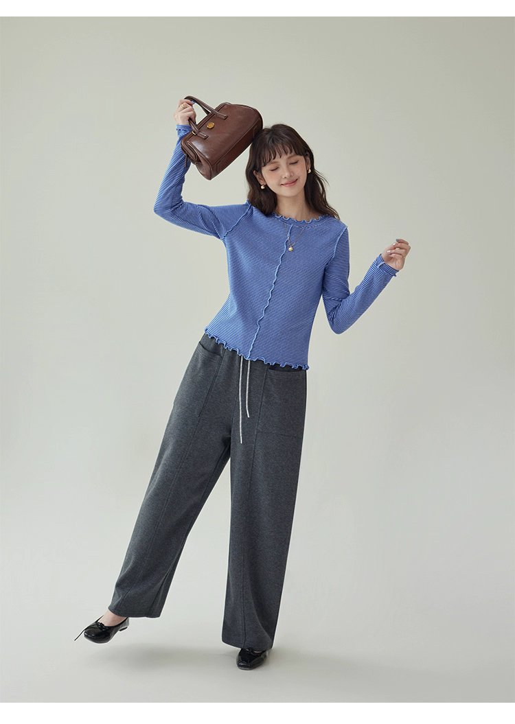 韓系灰色高腰休閒衛褲女秋季新款寬腿百搭彎刀褲