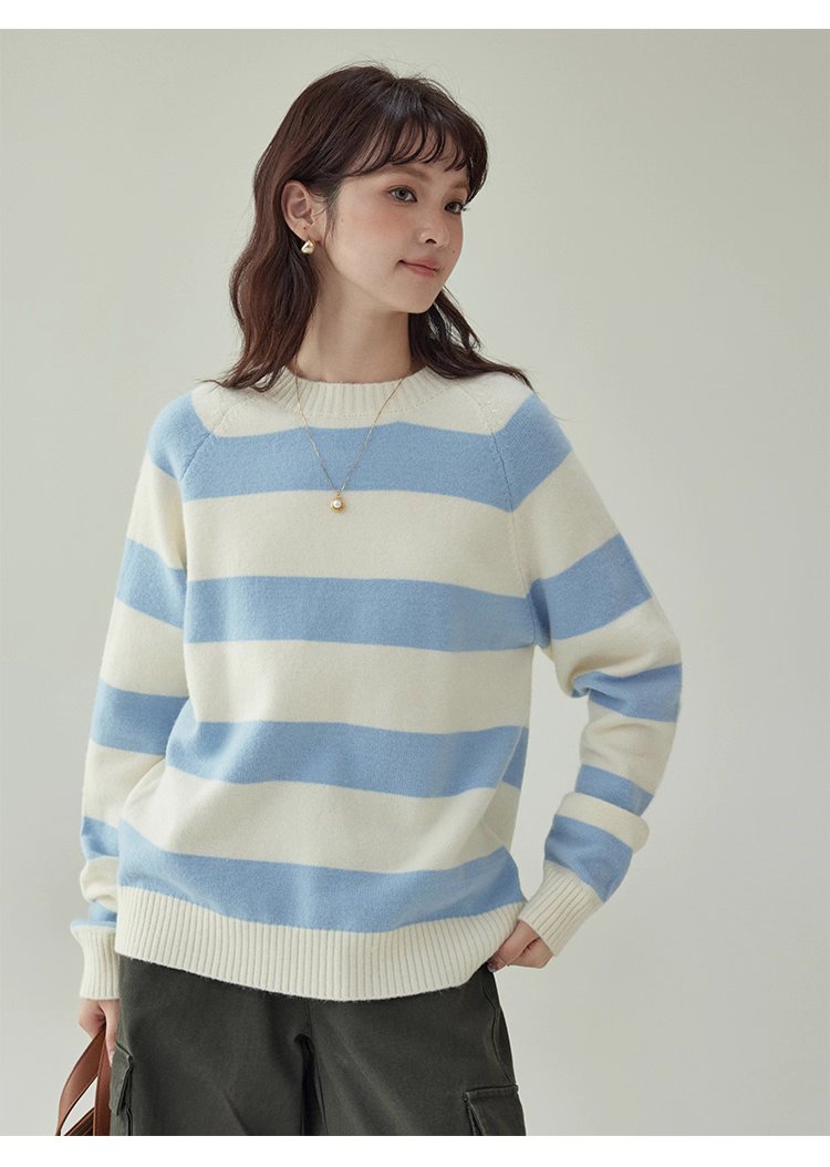 韓國拼色條紋插肩袖毛衣女秋款新款休閒寬鬆上衣