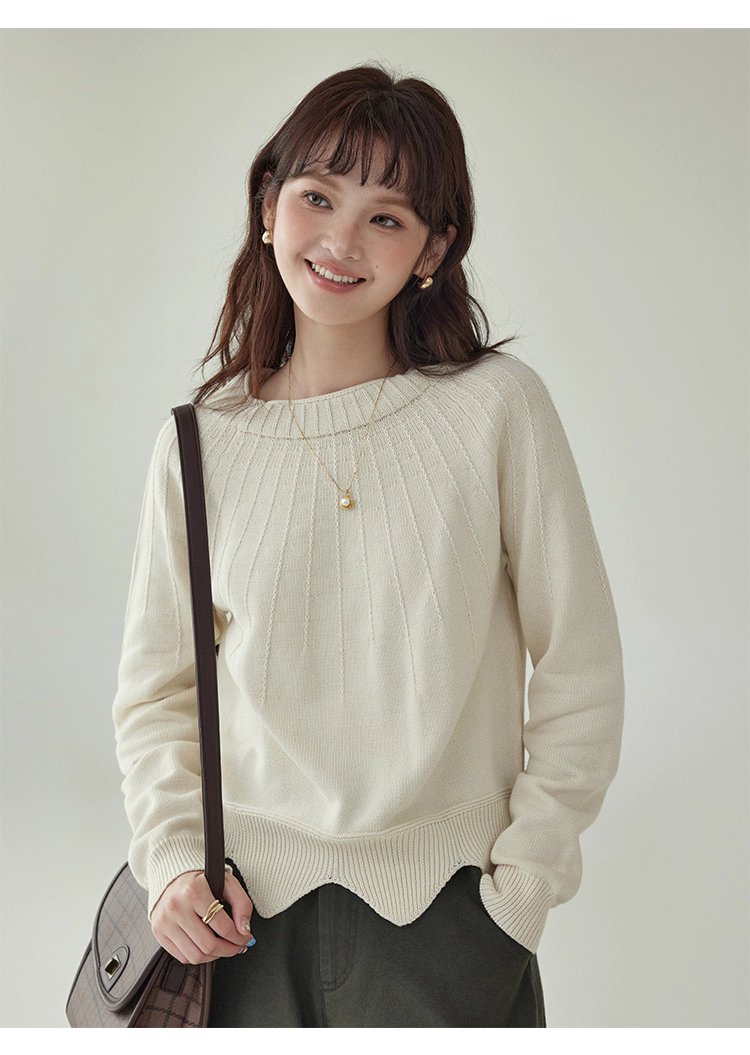 設計感波浪下擺純棉針織衫女秋冬季新款長袖上衣