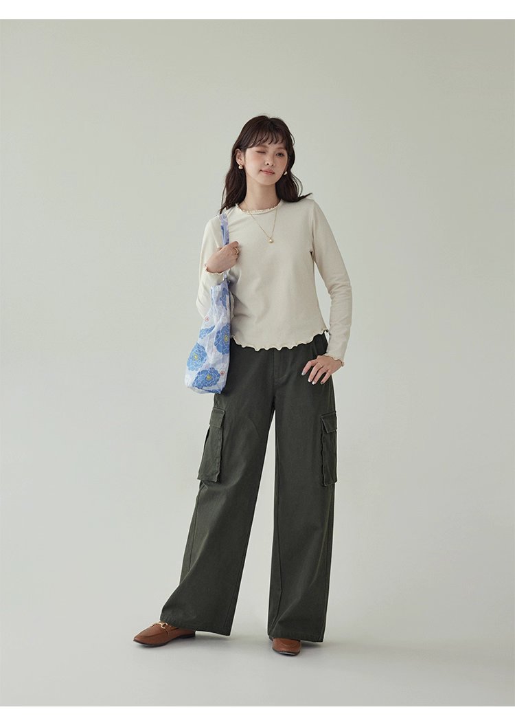 小眾花邊圓領長袖打底T恤女秋新款寬鬆純色上衣