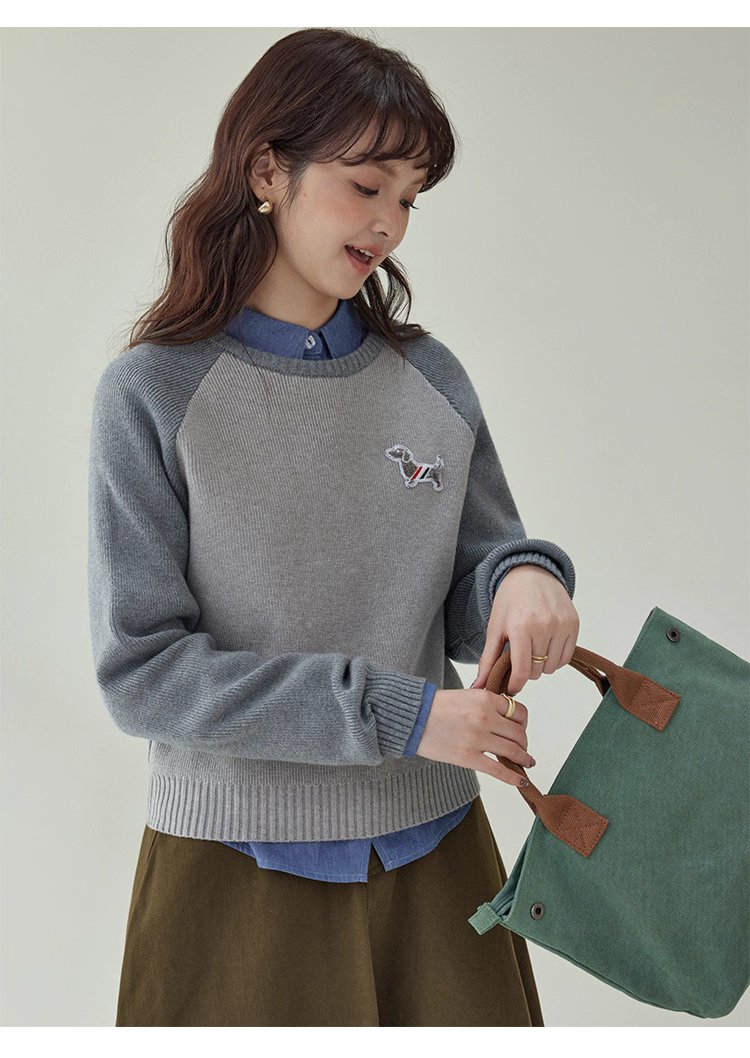 拼色插肩長袖短版針織衫女秋季新款小狗刺繡上衣