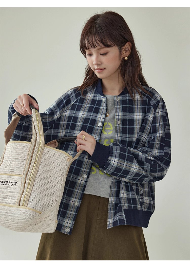 撞色格紋插肩袖摁扣外套女秋季新款長袖外套上衣